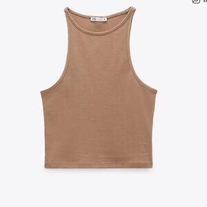 Zara Sleeveless Ribbed High-Neck Tank Top in Tan